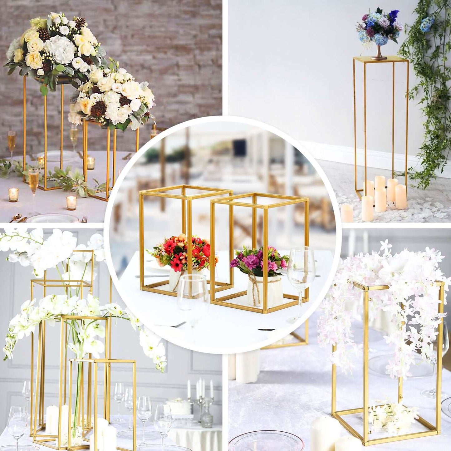 2 - Pack Wedding Flower Stand Gold Metal Geometric Column Frame Rectangular - Versatile Floral Pedestal for Upscale Arrangements 48" - Linen Luxes