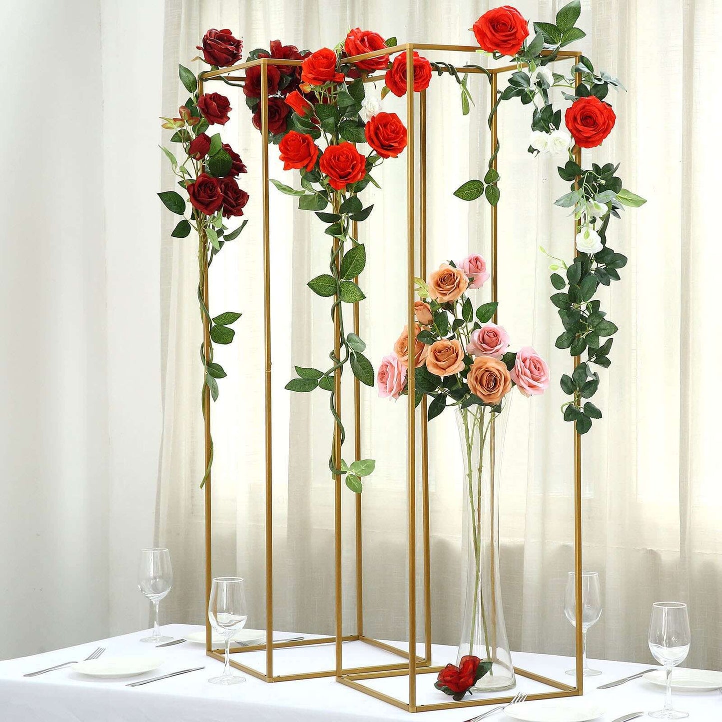 2 - Pack Wedding Flower Stand Gold Metal Geometric Column Frame Rectangular - Versatile Floral Pedestal for Upscale Arrangements 48" - Linen Luxes