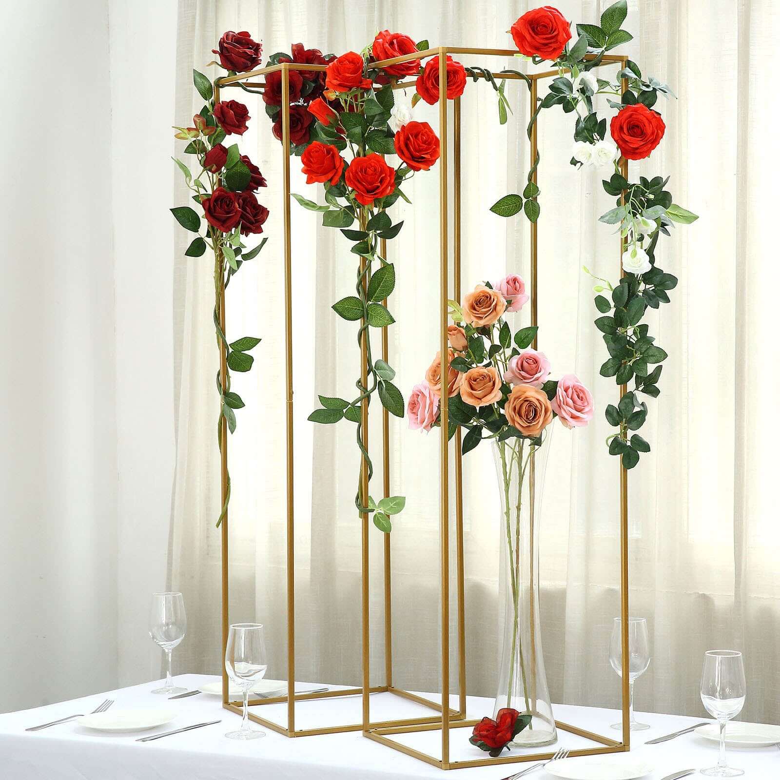 2 - Pack Wedding Flower Stand Gold Metal Geometric Column Frame Rectangular - Versatile Floral Pedestal for Upscale Arrangements 48" - Linen Luxes