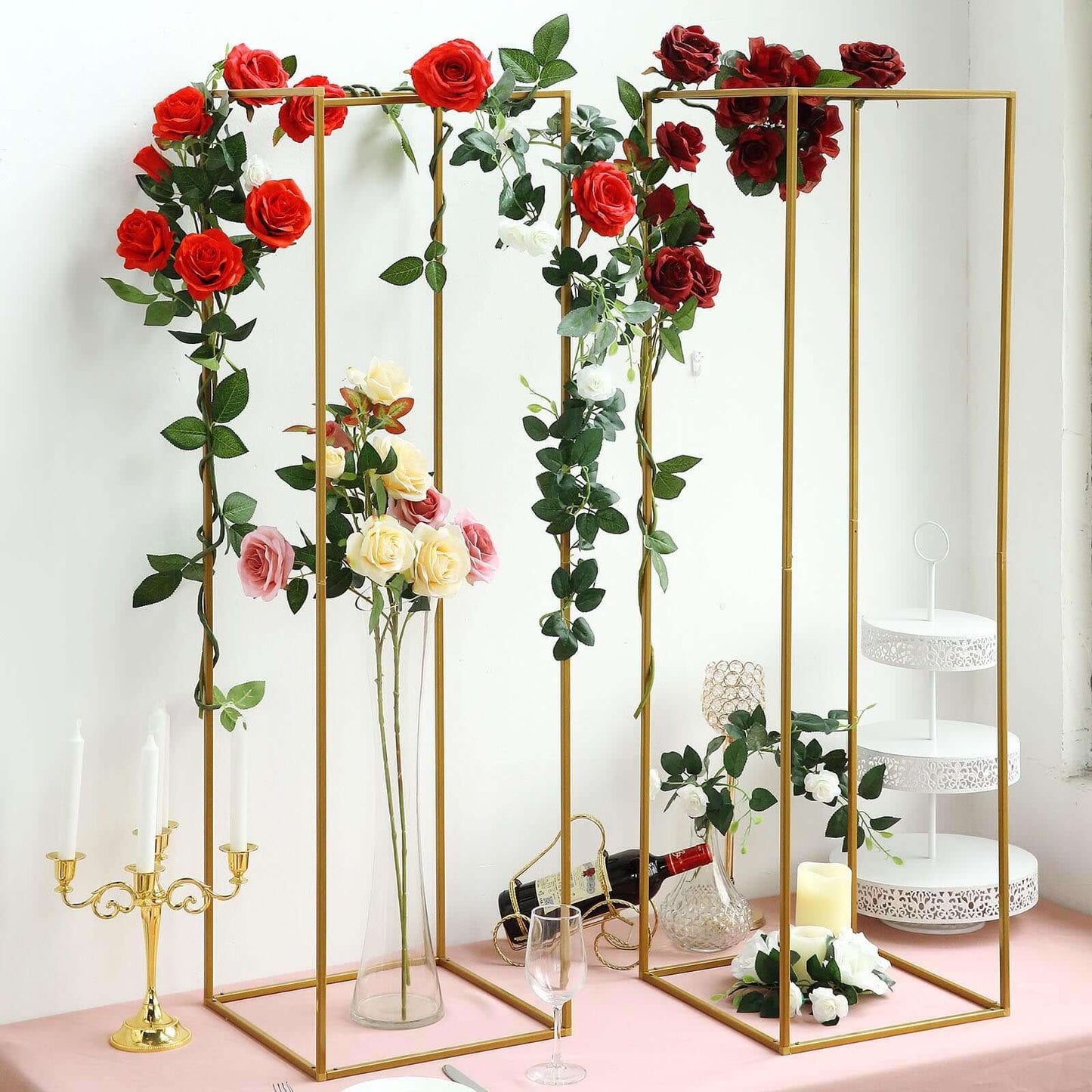 2 - Pack Wedding Flower Stand Gold Metal Geometric Column Frame Rectangular - Versatile Floral Pedestal for Upscale Arrangements 48" - Linen Luxes