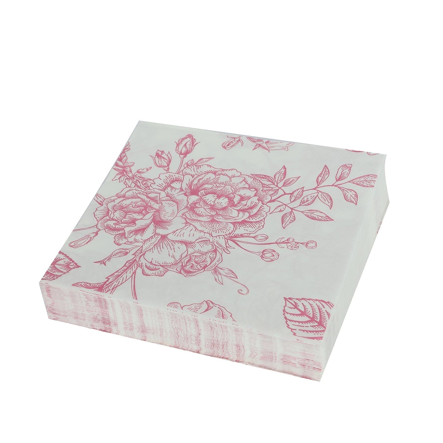 50 Pack 2-Ply Paper Beverage Napkins in Matte Pink and White French Toile Floral Pattern, Highly Absorbent Soft Disposable Cocktail Napkins