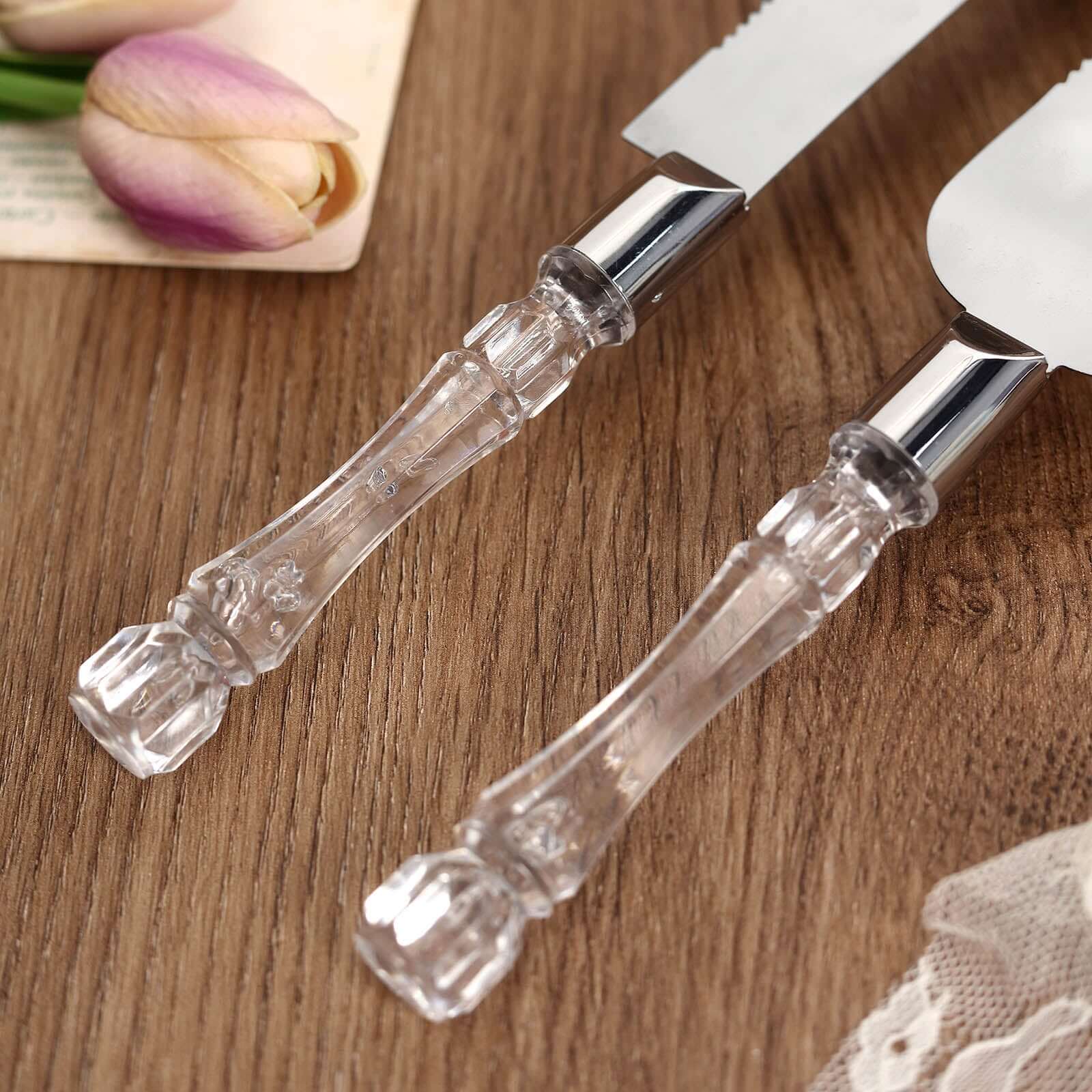 2 Set Knife and Server Stainless Steel with Clear Acrylic Handle - Party Favors with Gift Box 10" & 12" - Linen Luxes