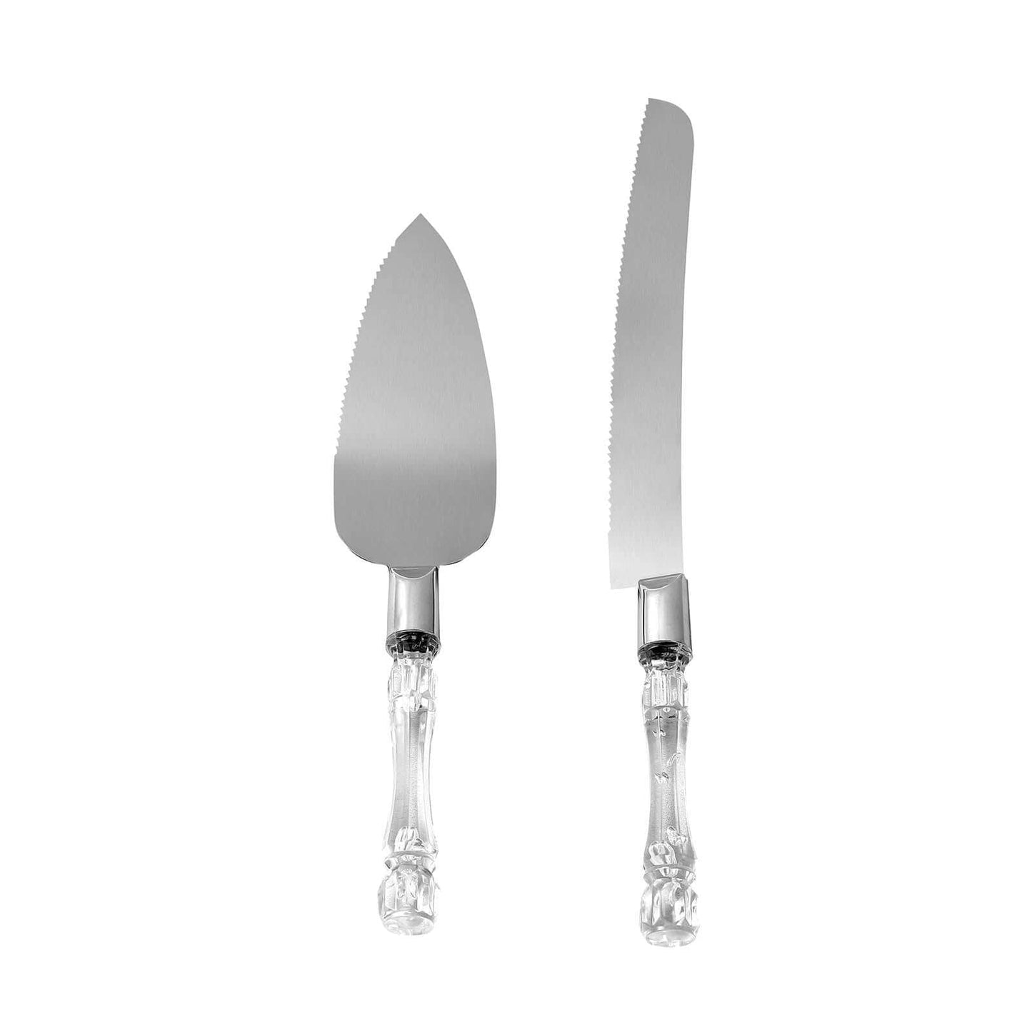 2 Set Knife and Server Stainless Steel with Clear Acrylic Handle - Party Favors with Gift Box 10" & 12" - Linen Luxes