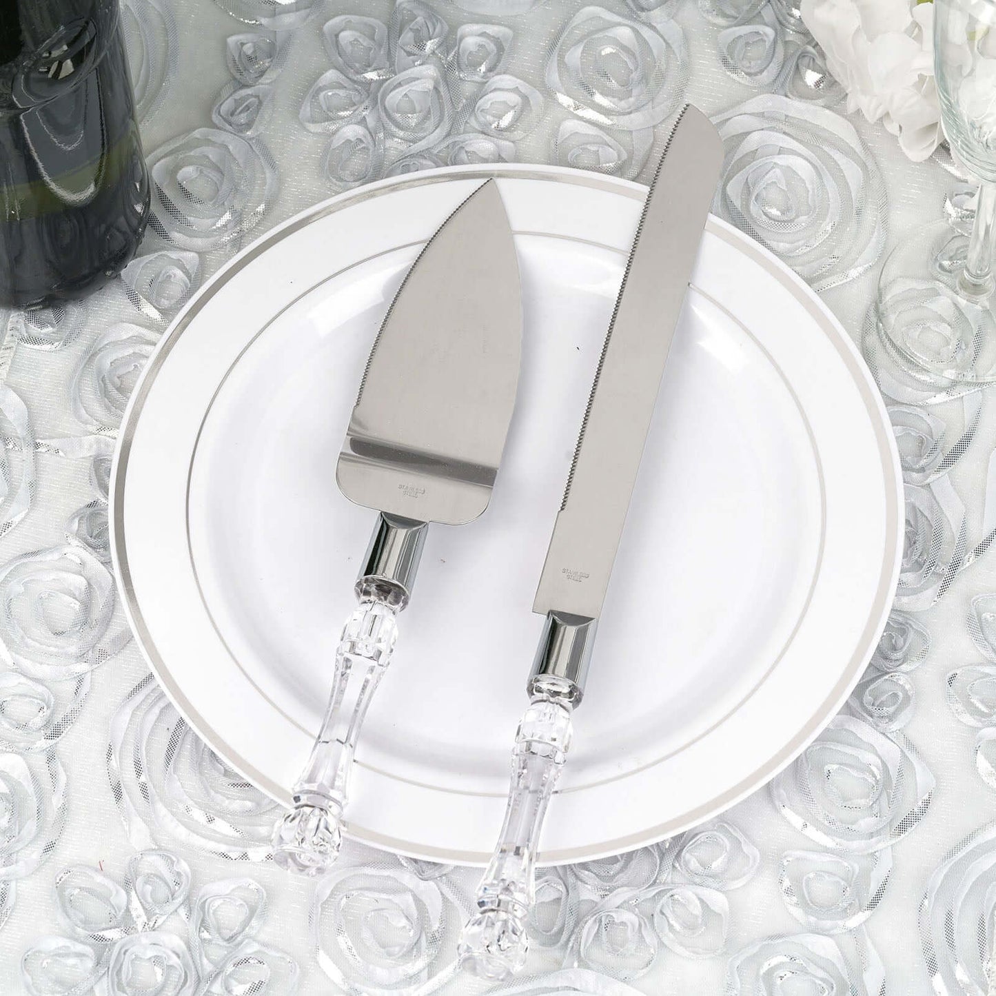 2 Set Knife and Server Stainless Steel with Clear Acrylic Handle - Party Favors with Gift Box 10" & 12" - Linen Luxes