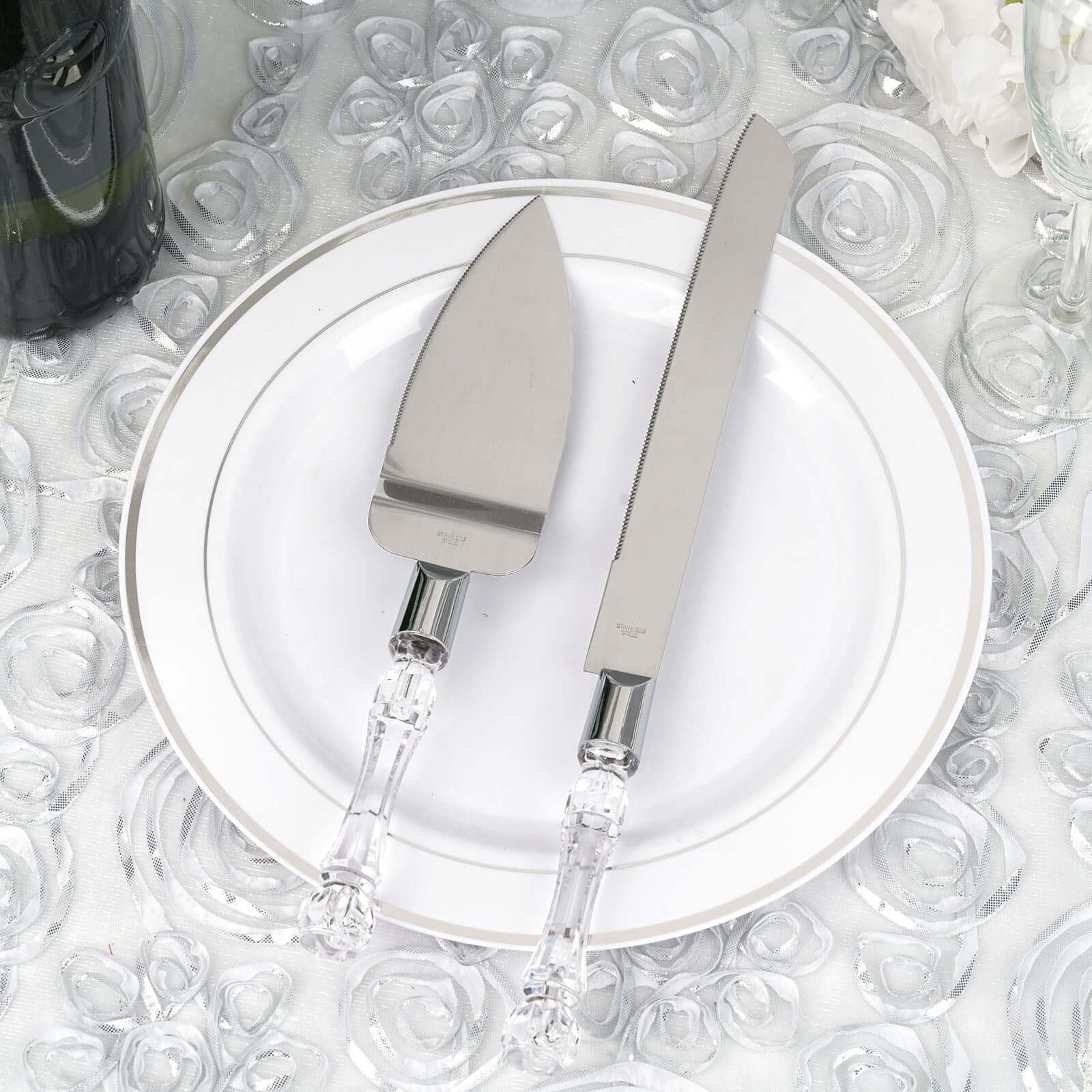 2 Set Knife and Server Stainless Steel with Clear Acrylic Handle - Party Favors with Gift Box 10" & 12" - Linen Luxes