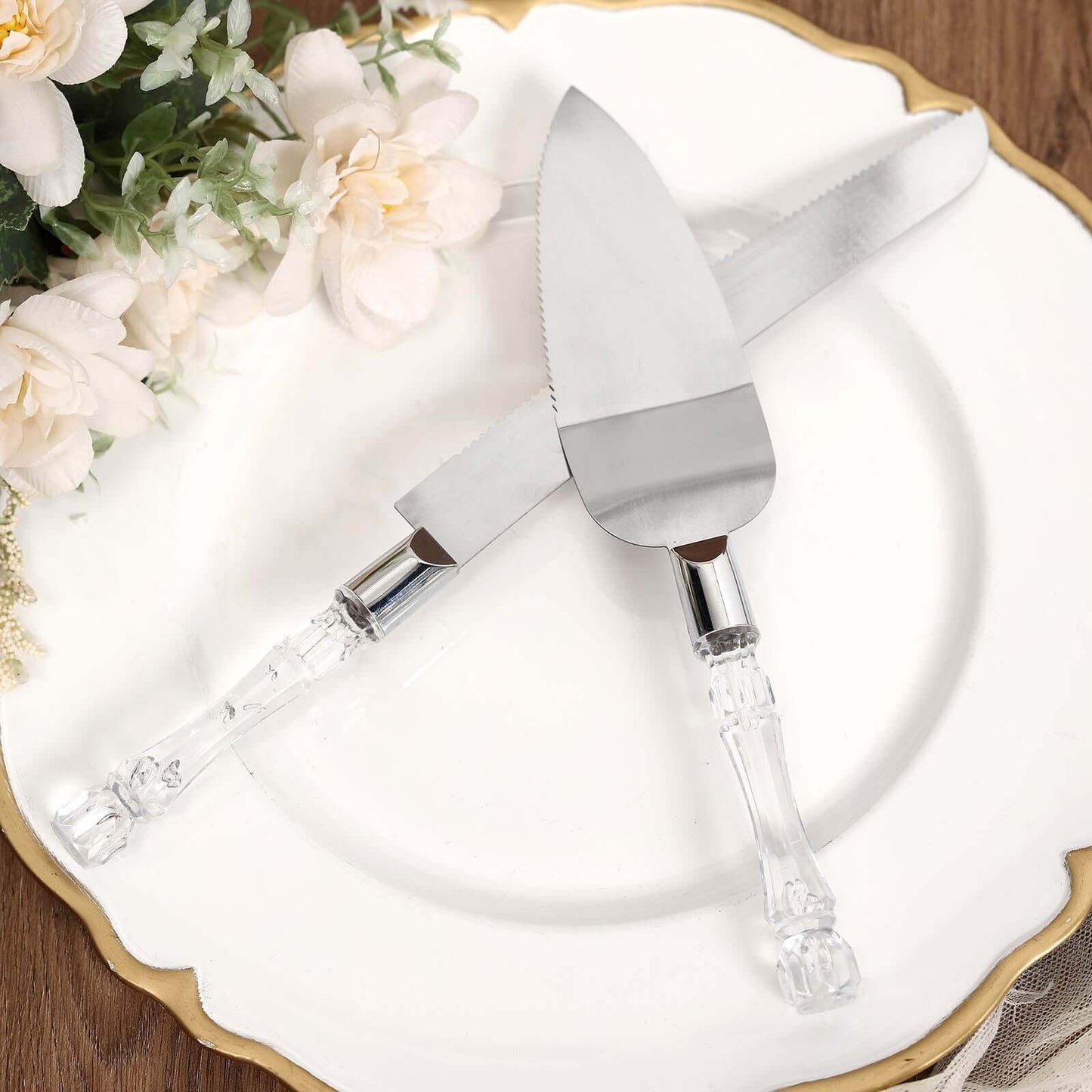 2 Set Knife and Server Stainless Steel with Clear Acrylic Handle - Party Favors with Gift Box 10" & 12" - Linen Luxes