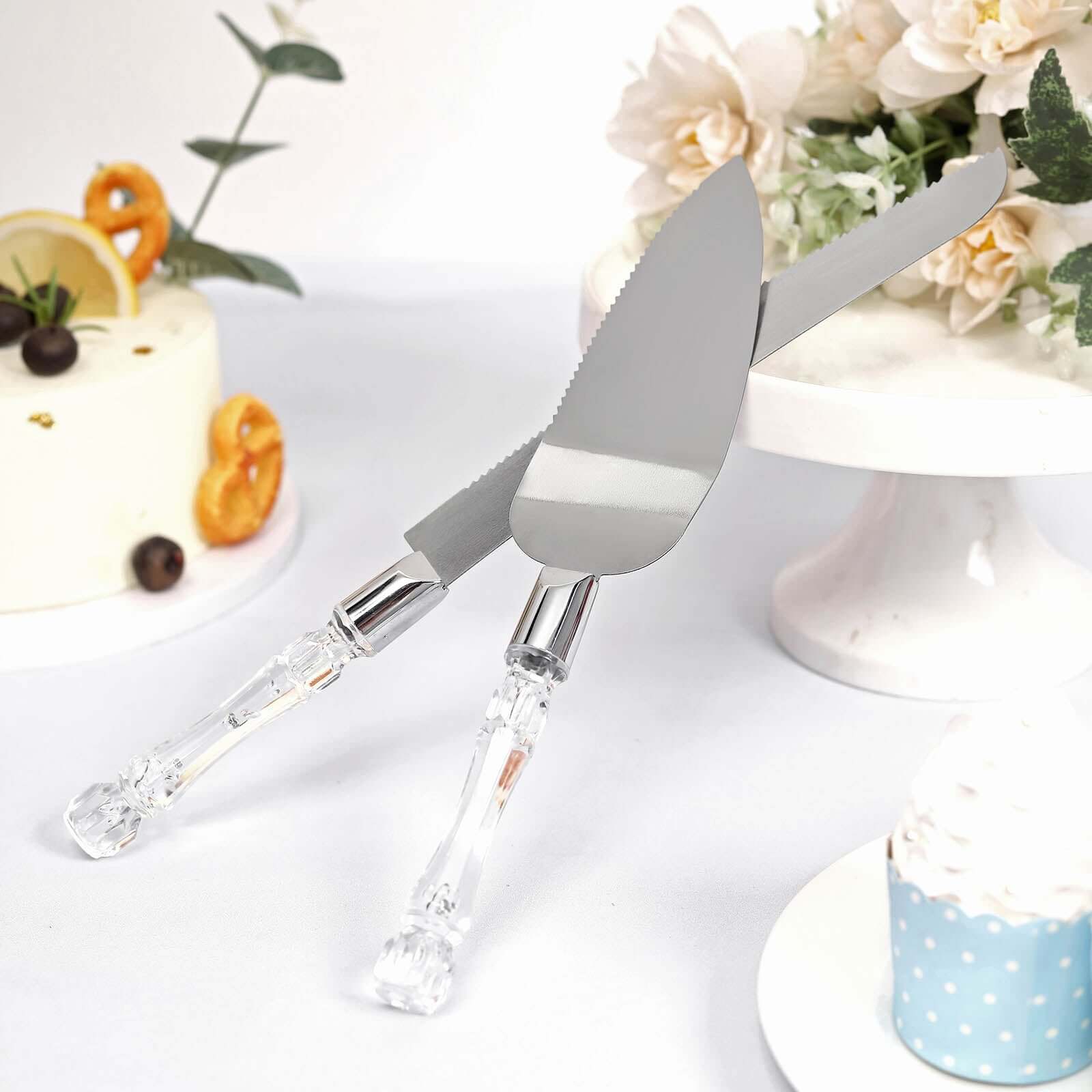 2 Set Knife and Server Stainless Steel with Clear Acrylic Handle - Party Favors with Gift Box 10" & 12" - Linen Luxes