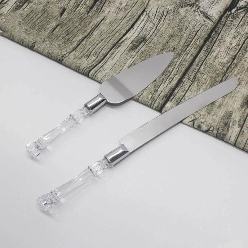 2 Set Knife and Server Stainless Steel with Clear Acrylic Handle - Party Favors with Gift Box 10" & 12" - Linen Luxes