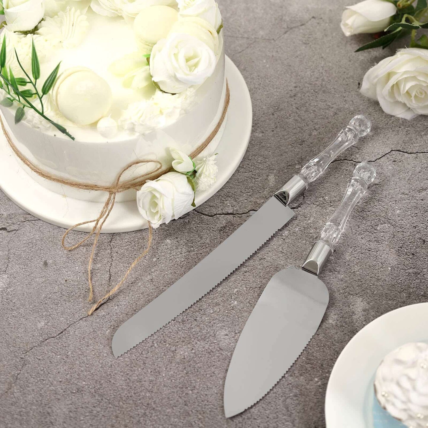 2 Set Knife and Server Stainless Steel with Clear Acrylic Handle - Party Favors with Gift Box 10" & 12" - Linen Luxes