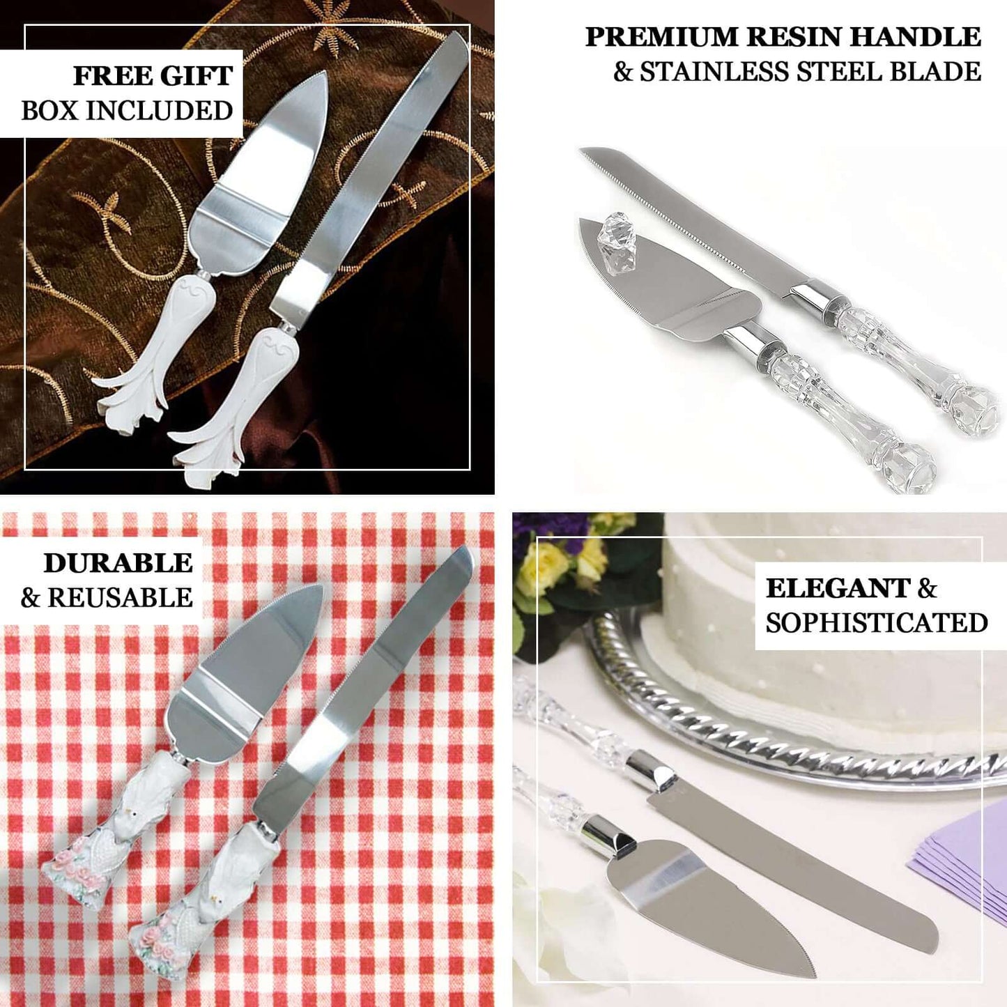 2 Set Knife and Server Stainless Steel with Clear Acrylic Handle - Party Favors with Gift Box 10" & 12" - Linen Luxes