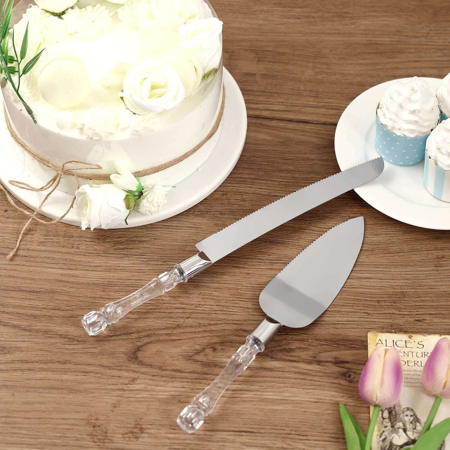 2 Set Knife and Server Stainless Steel with Clear Acrylic Handle - Party Favors with Gift Box 10" & 12" - Linen Luxes