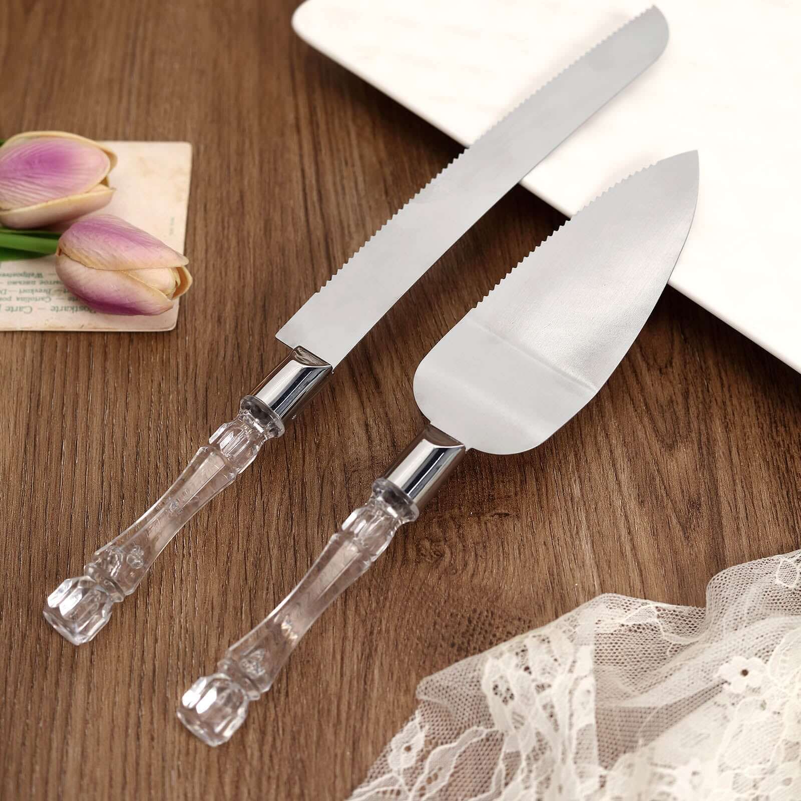 2 Set Knife and Server Stainless Steel with Clear Acrylic Handle - Party Favors with Gift Box 10" & 12" - Linen Luxes