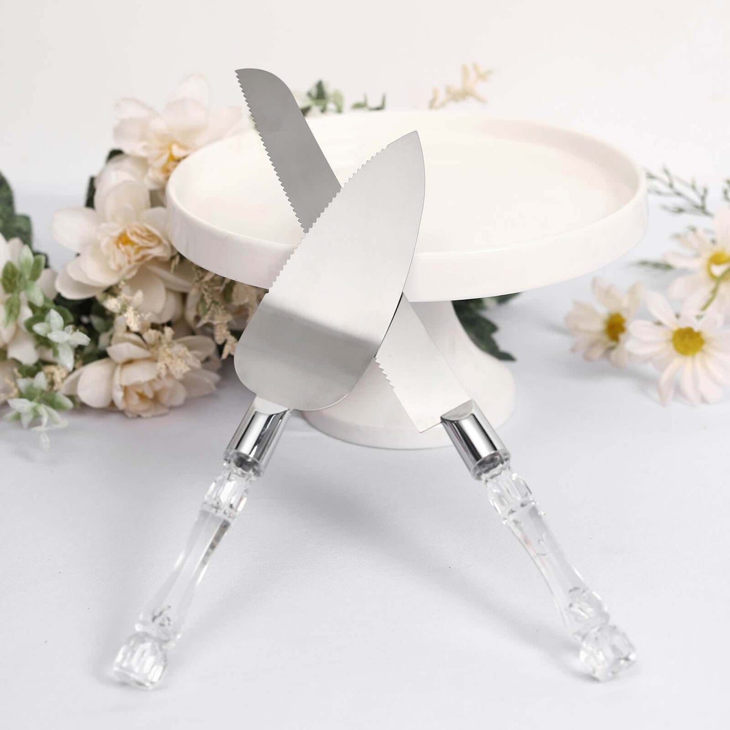 2 Set Knife and Server Stainless Steel with Clear Acrylic Handle - Party Favors with Gift Box 10" & 12" - Linen Luxes