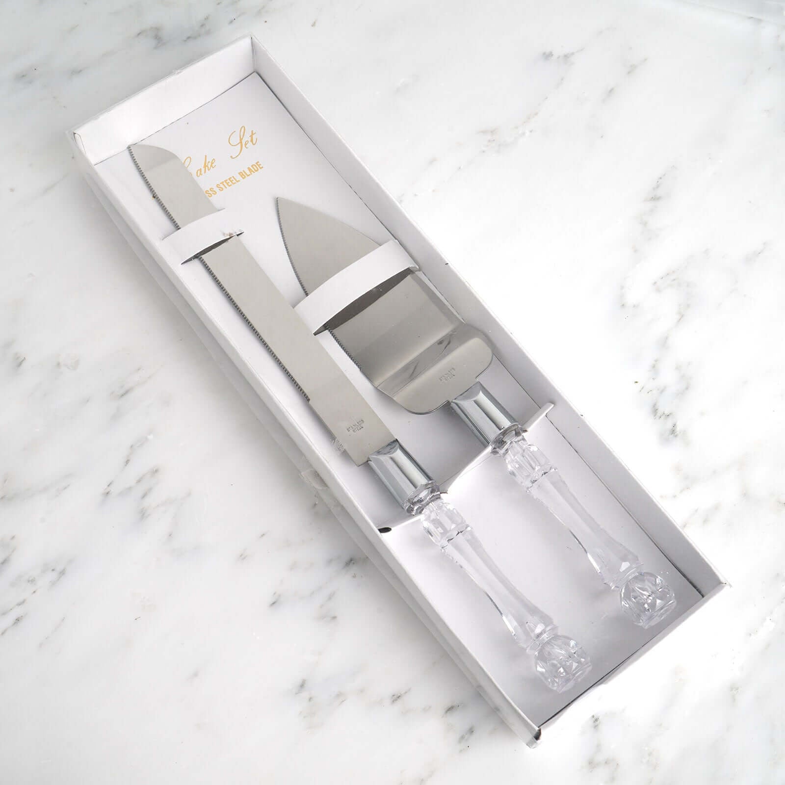 2 Set Knife and Server Stainless Steel with Clear Acrylic Handle - Party Favors with Gift Box 10" & 12" - Linen Luxes