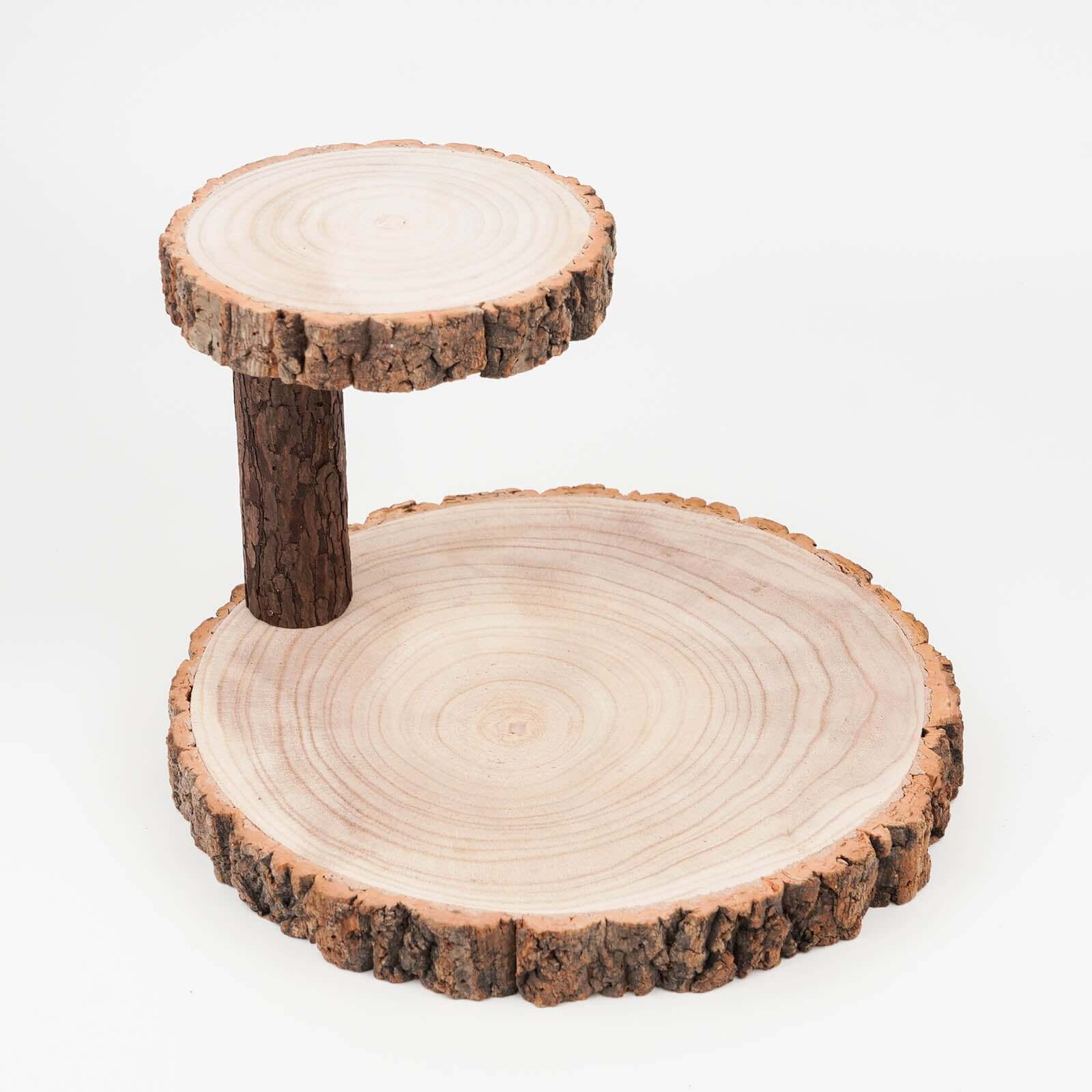 2 - Tier Wooden Cheese Board Stand Elm Wood Slice Design Natural - Rustic Cupcake Centerpiece 8" - Linen Luxes