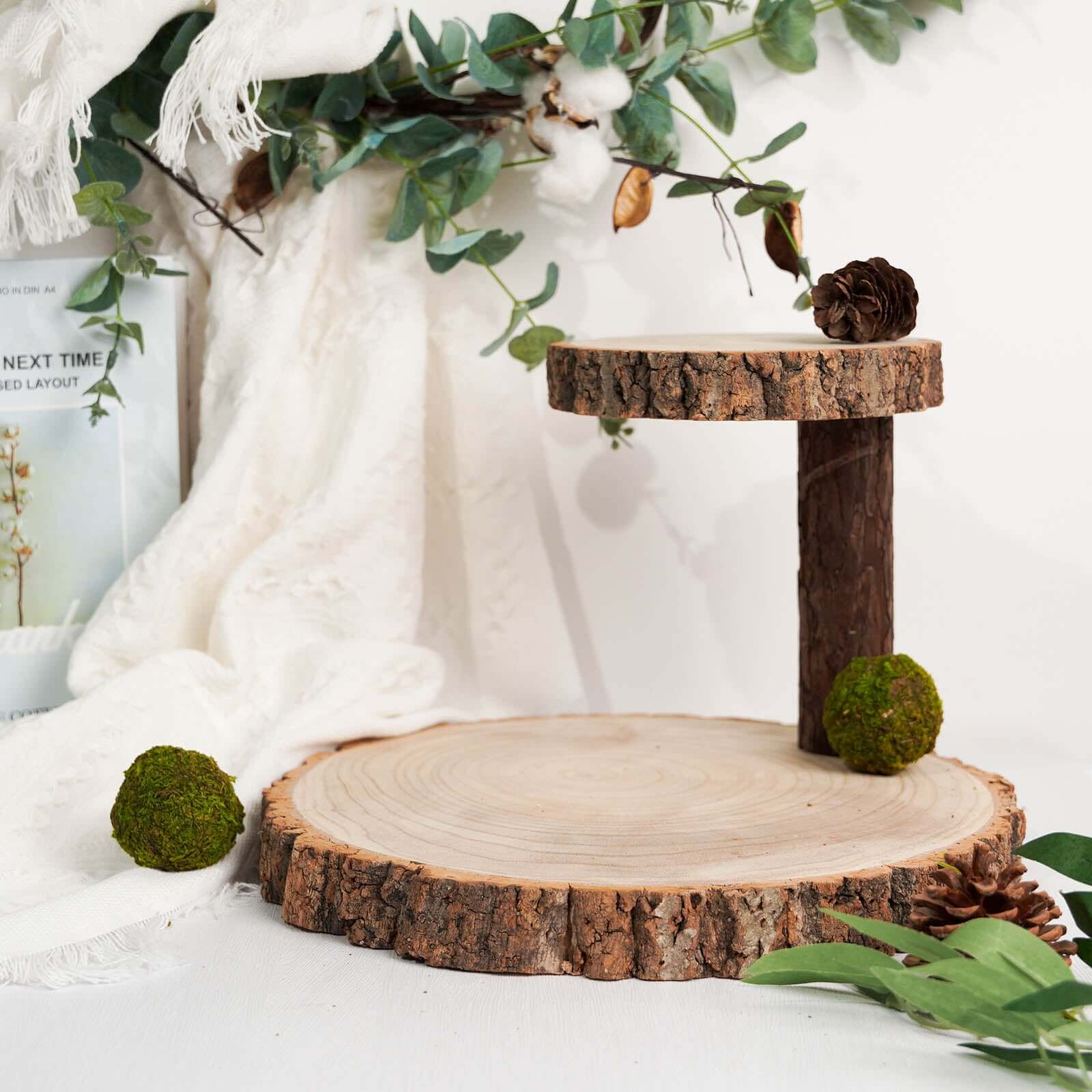 2 - Tier Wooden Cheese Board Stand Elm Wood Slice Design Natural - Rustic Cupcake Centerpiece 8" - Linen Luxes