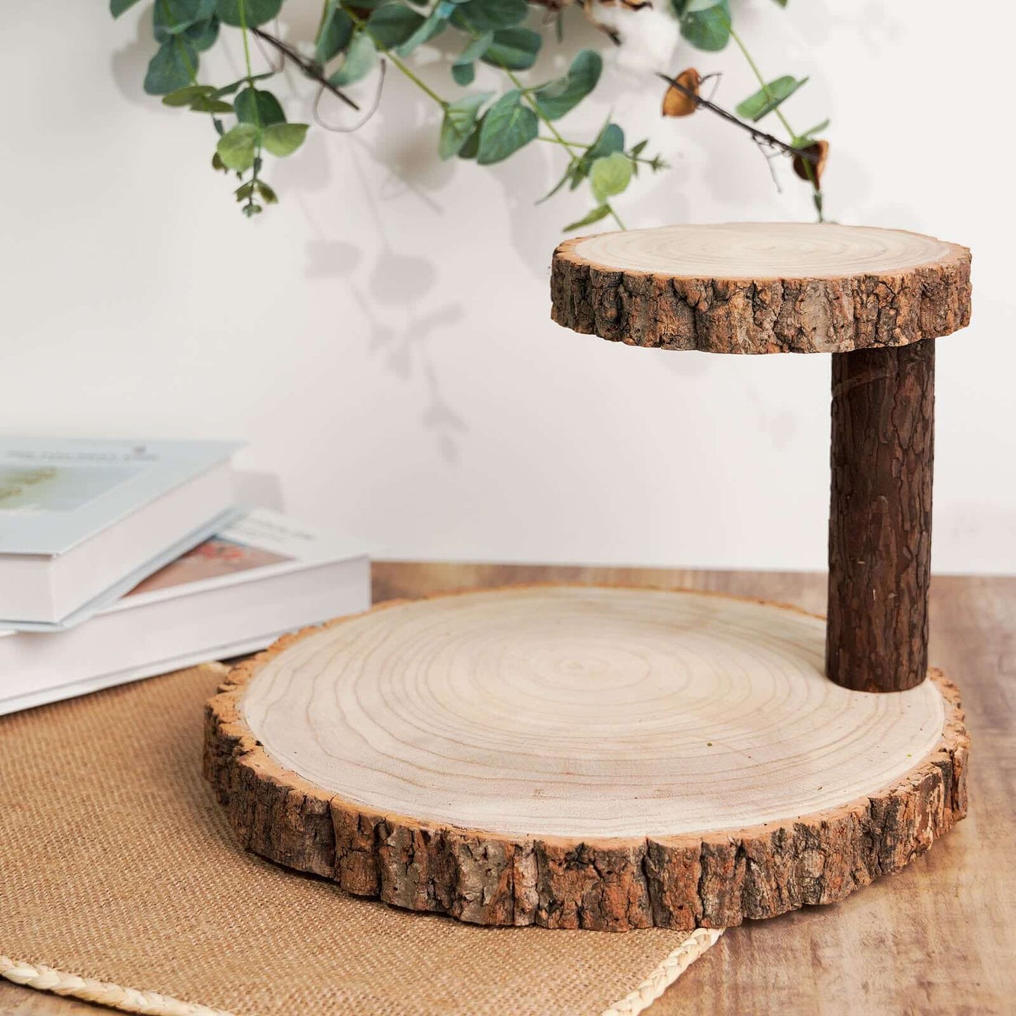 2 - Tier Wooden Cheese Board Stand Elm Wood Slice Design Natural - Rustic Cupcake Centerpiece 8" - Linen Luxes