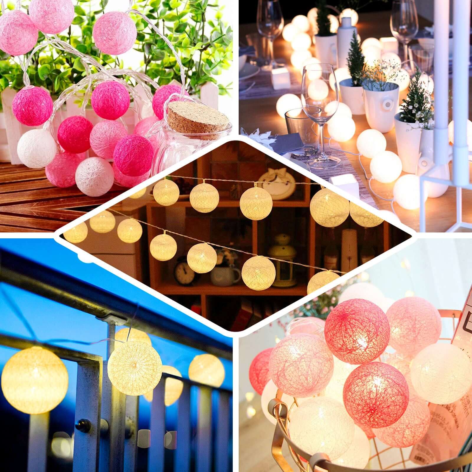 20 LED String Light Garland Pink Cotton Ball Blush, Fuchsia Warm White - Battery Operated Accent Piece 13ft - Linen Luxes