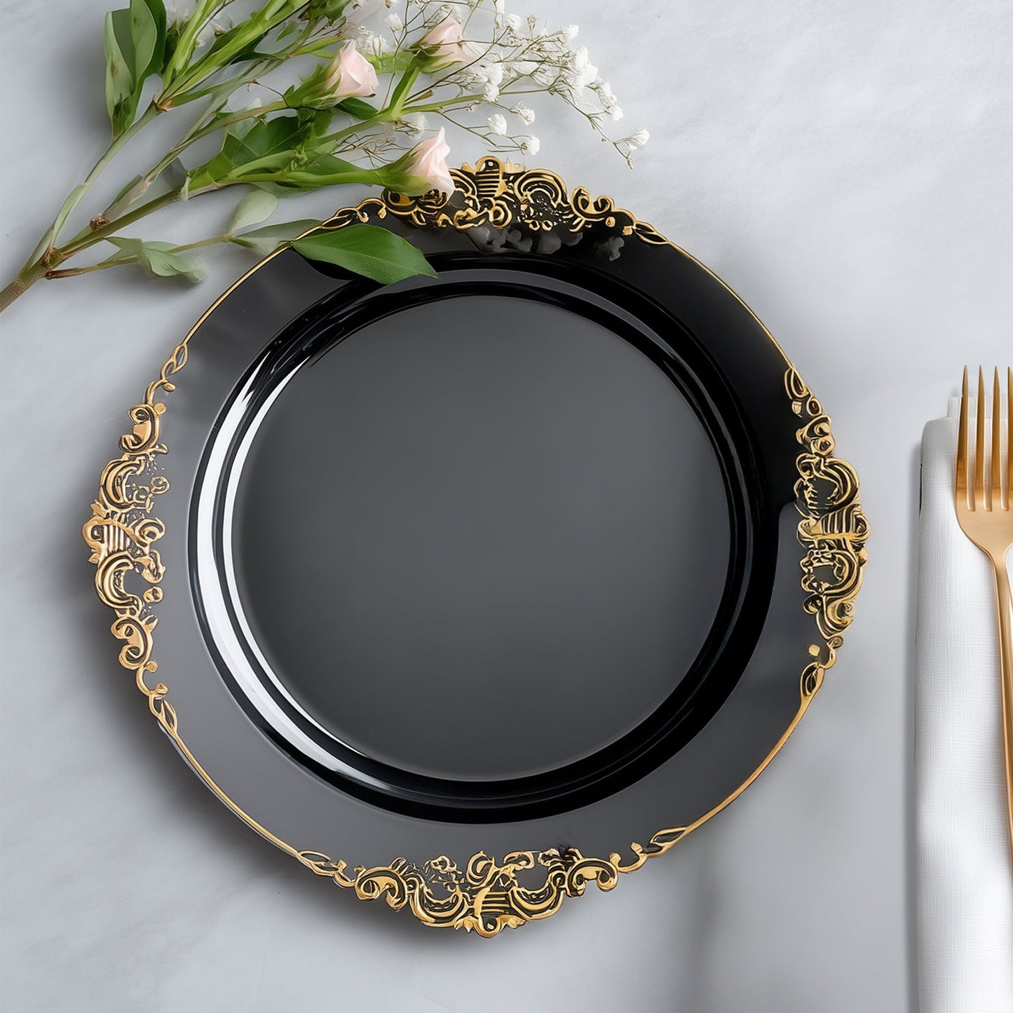 20-Pack Economy Plastic Round Charger Plates 13" in Black with Gold Embossed Baroque Rim, Stylish Dinner Party Serving Plates