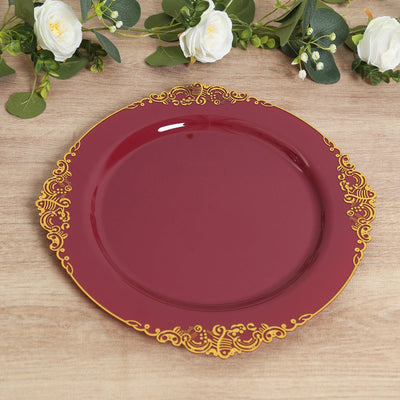 20-Pack Economy Plastic Round Charger Plates 13" in Burgundy with Gold Embossed Baroque Rim, Stylish Dinner Party Serving Plates