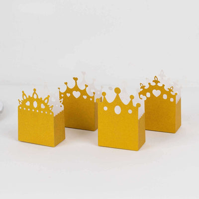 20-Pack Cardstock Favor Boxes Gold Glitter Princess Crown Design - Regal Fantasy Fairytale Inspired Treat Bags for Wedding Birthday Baby Shower Decorations 3.5"x 2"x 5"