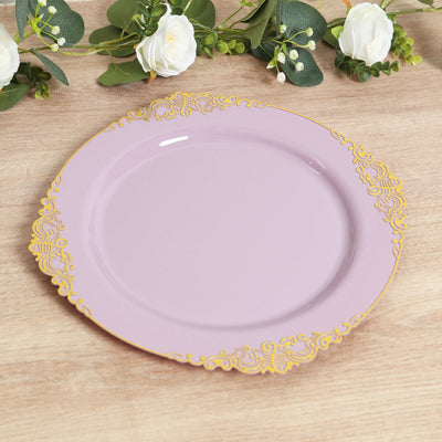 20-Pack Economy Plastic Round Charger Plates 13" in Lavender Lilac with Gold Embossed Baroque Rim, Stylish Dinner Party Serving Plates