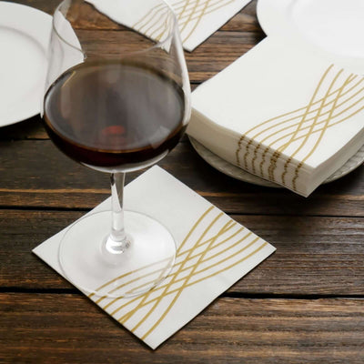 20 Pack Linen-Like Paper 5"x5" Napkins White with Gold Foil Wave Design - Classy Disposable Airlaid Cocktail Napkins