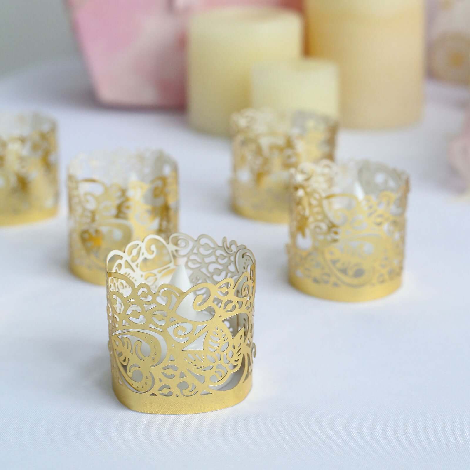 20 - Pack Paper Candle Holder Wraps Floral Lace Design Gold Foil - Votive Tealight Decorative Wraps - Linen Luxes