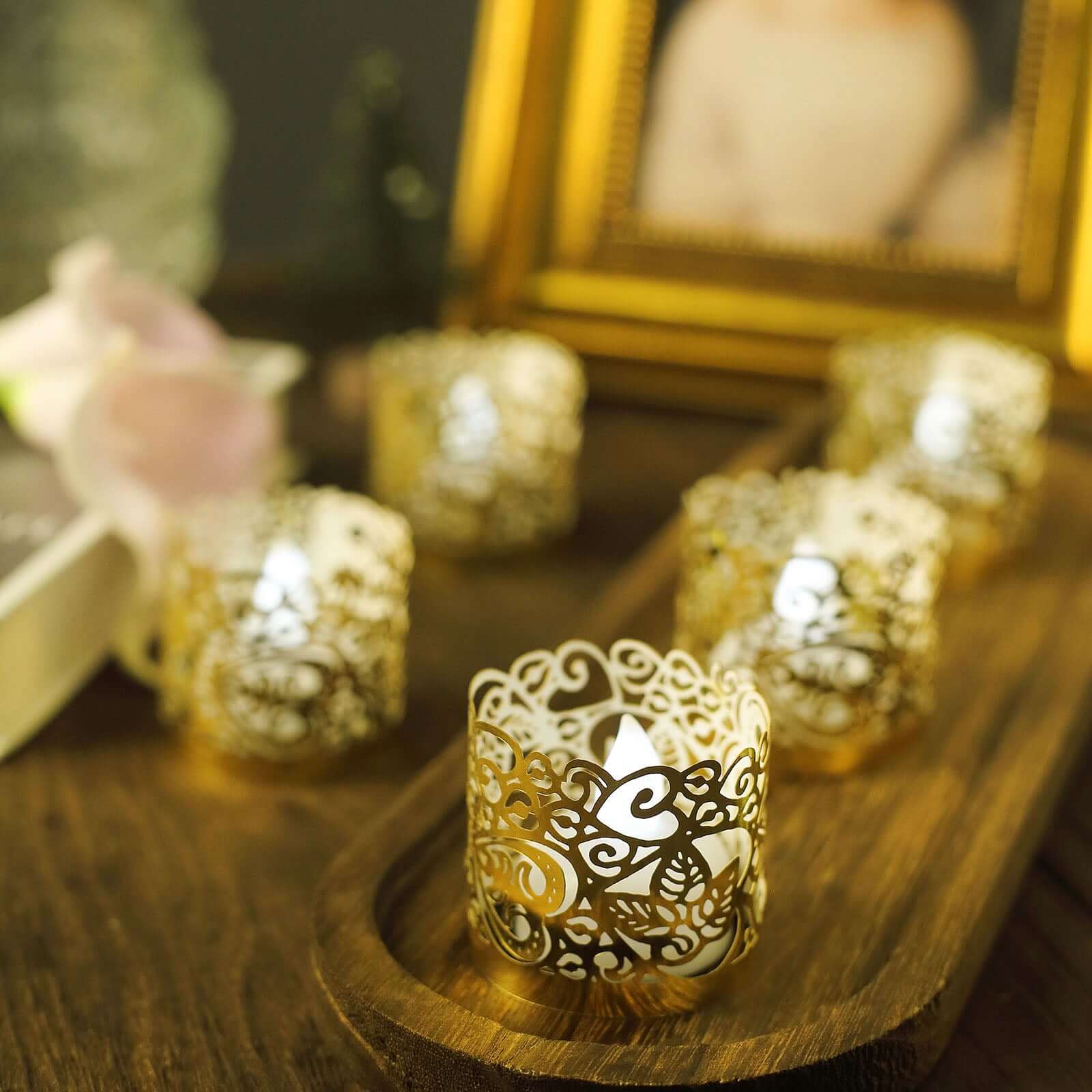 20 - Pack Paper Candle Holder Wraps Floral Lace Design Gold Foil - Votive Tealight Decorative Wraps - Linen Luxes