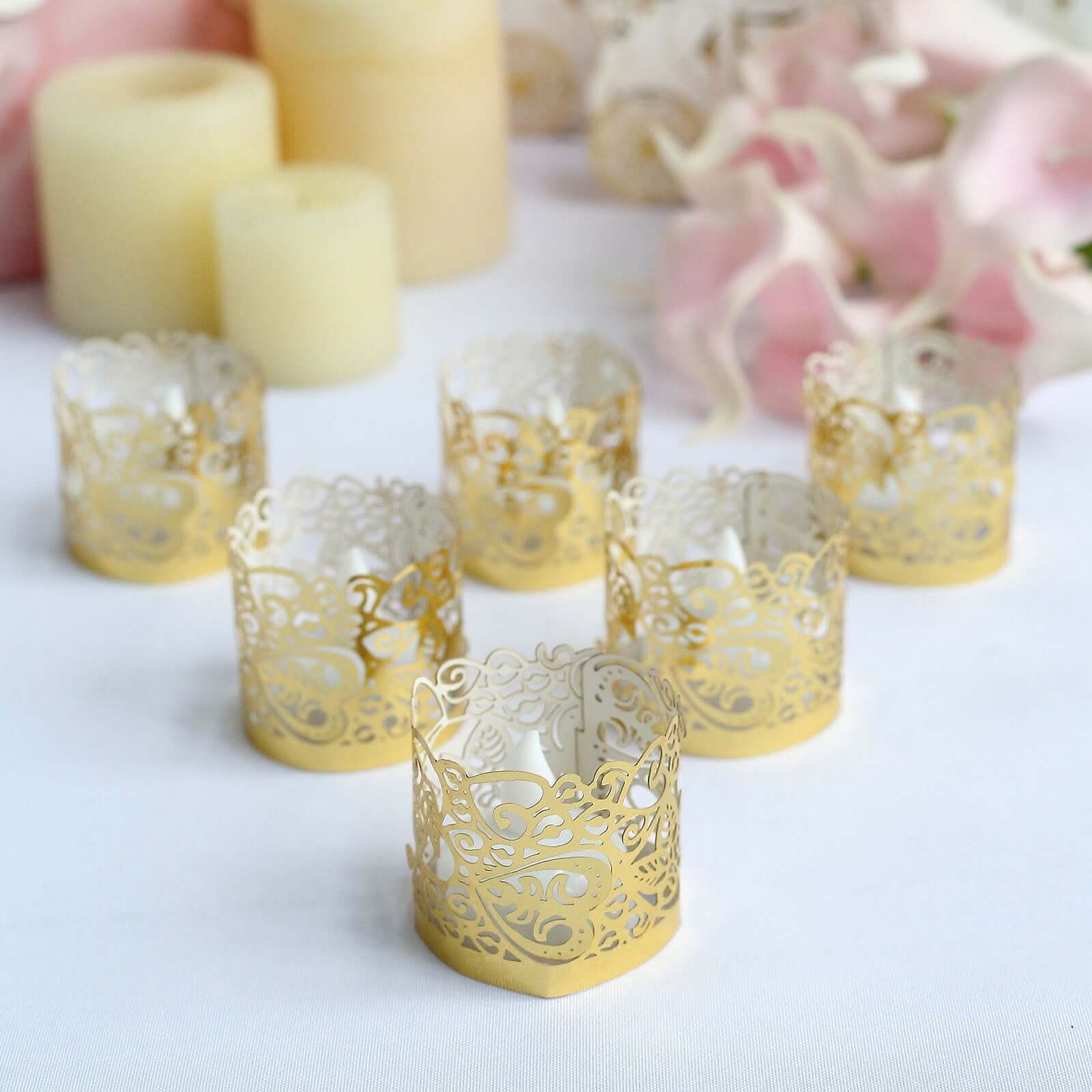 20 - Pack Paper Candle Holder Wraps Floral Lace Design Gold Foil - Votive Tealight Decorative Wraps - Linen Luxes