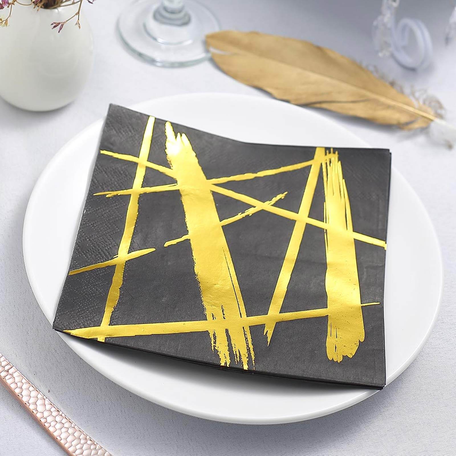 20 - Pack Paper Dinner Napkins Black with Metallic Gold Streak Design - Stylish 3 Ply Disposable Cocktail Napkins for Weddings - Linen Luxes