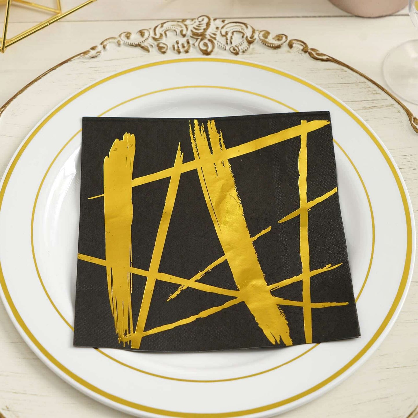 20 - Pack Paper Dinner Napkins Black with Metallic Gold Streak Design - Stylish 3 Ply Disposable Cocktail Napkins for Weddings - Linen Luxes