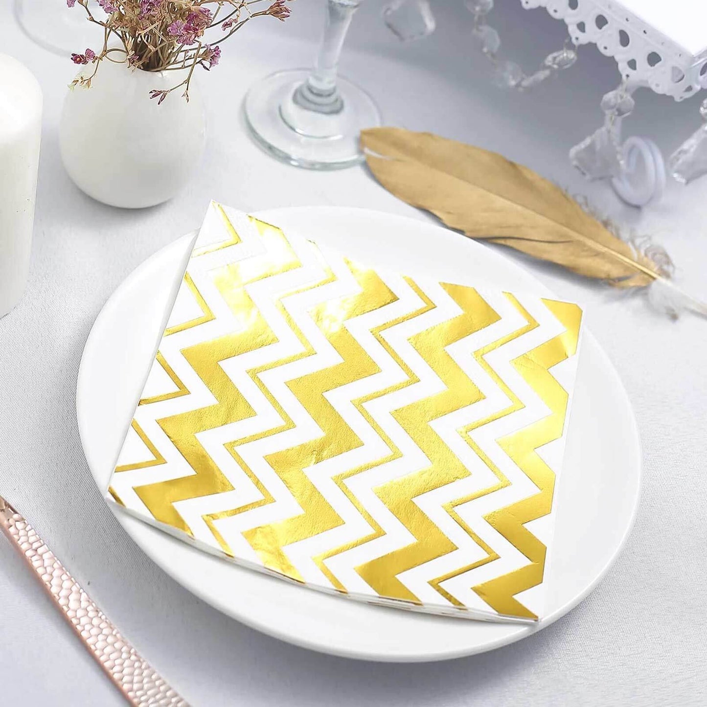 20 - Pack Paper Dinner Napkins with Chevron Design Metallic Gold - Disposable 3 Ply Cocktail Napkins for Weddings - Linen Luxes