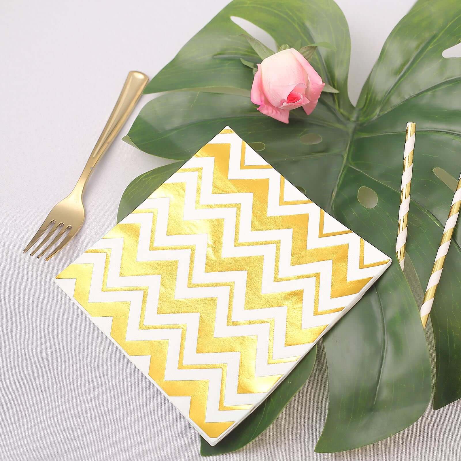 20 - Pack Paper Dinner Napkins with Chevron Design Metallic Gold - Disposable 3 Ply Cocktail Napkins for Weddings - Linen Luxes