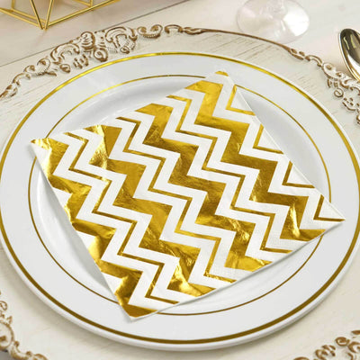20 - Pack Paper Dinner Napkins with Chevron Design Metallic Gold - Disposable 3 Ply Cocktail Napkins for Weddings - Linen Luxes