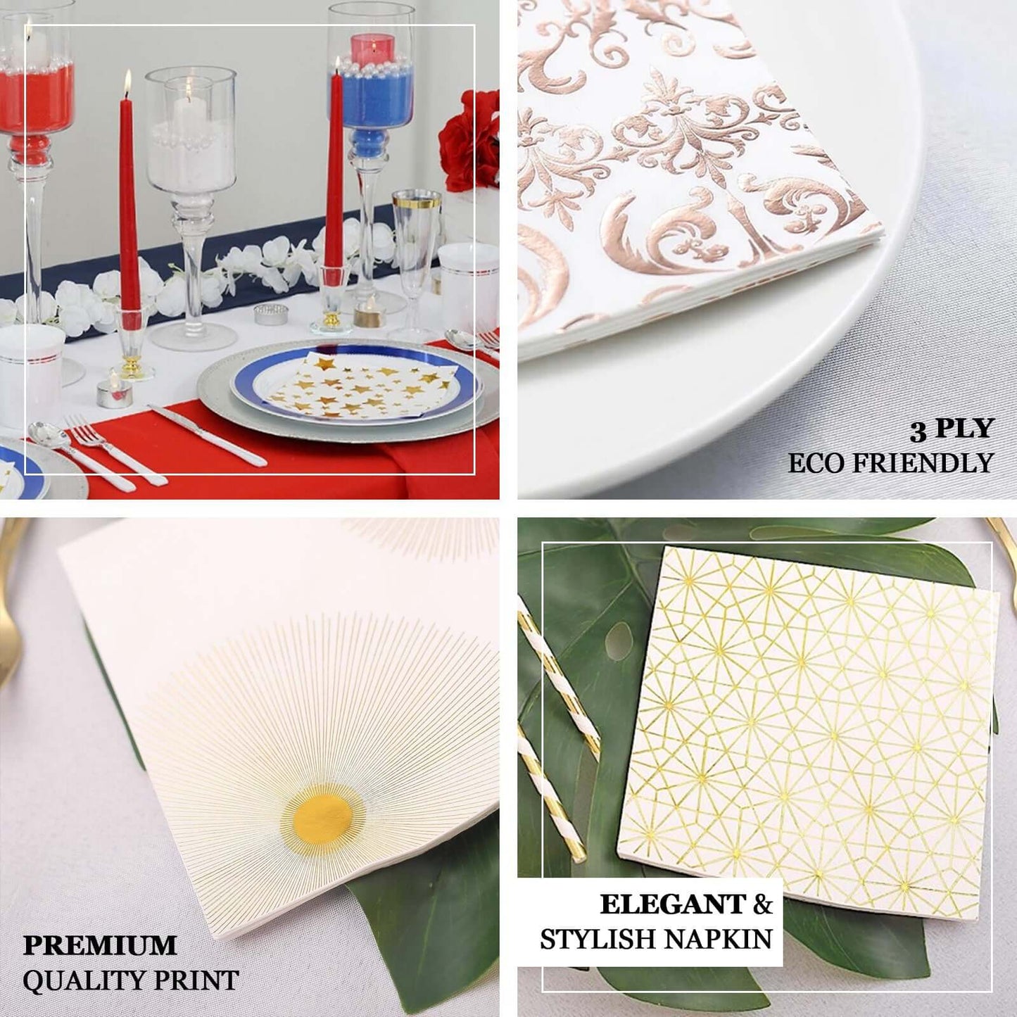 20 - Pack Paper Dinner Napkins with Floral Design Metallic Gold - Disposable 3 Ply Cocktail Napkins for Weddings - Linen Luxes