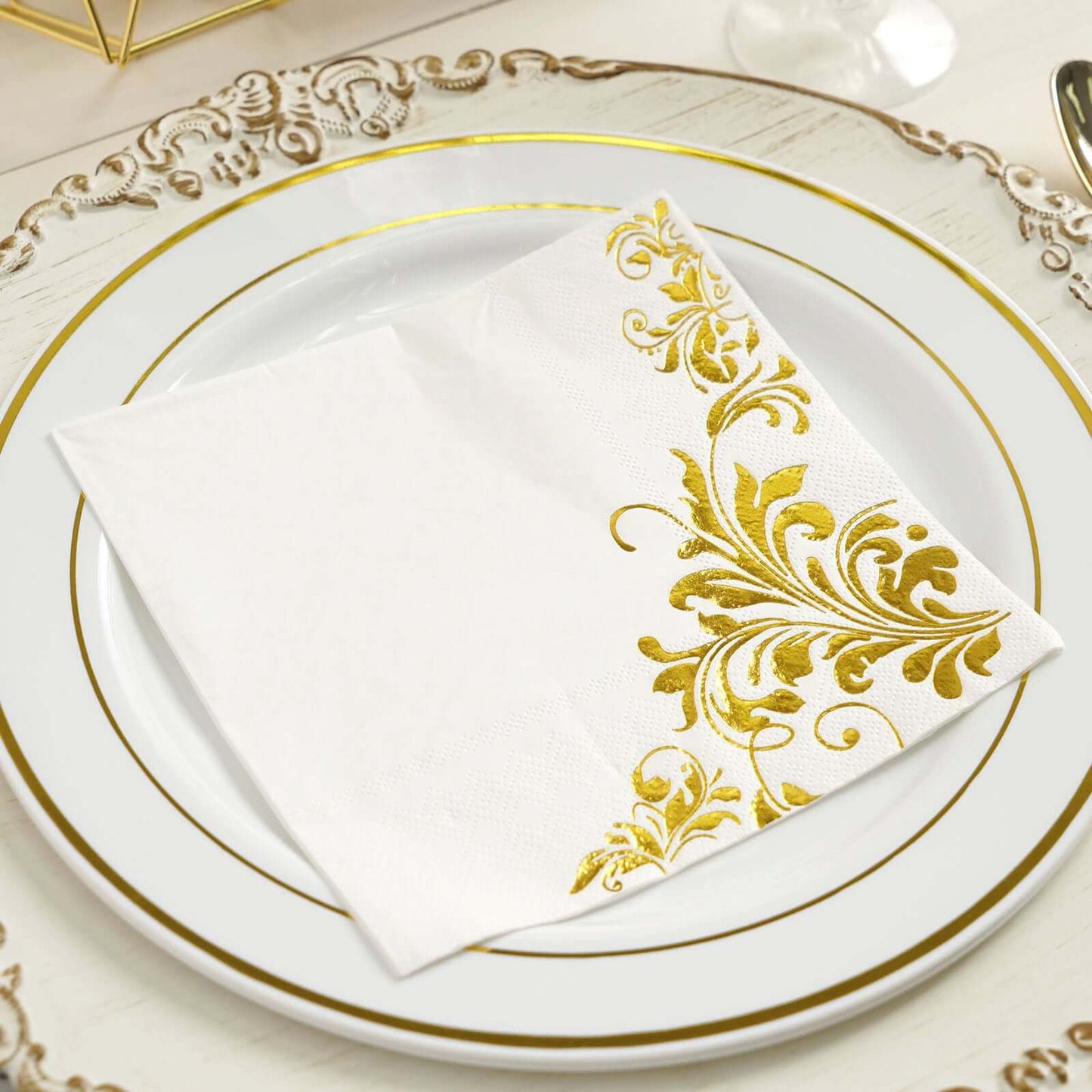 20 - Pack Paper Dinner Napkins with Floral Design Metallic Gold - Disposable 3 Ply Cocktail Napkins for Weddings - Linen Luxes