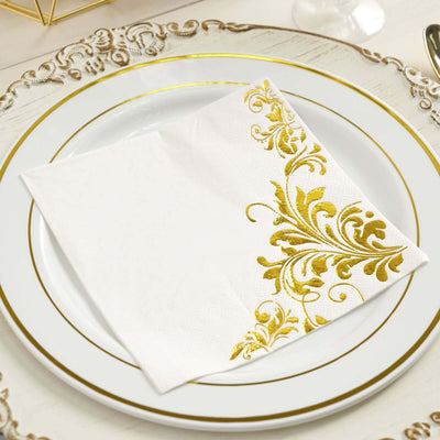 20 - Pack Paper Dinner Napkins with Floral Design Metallic Gold - Disposable 3 Ply Cocktail Napkins for Weddings - Linen Luxes