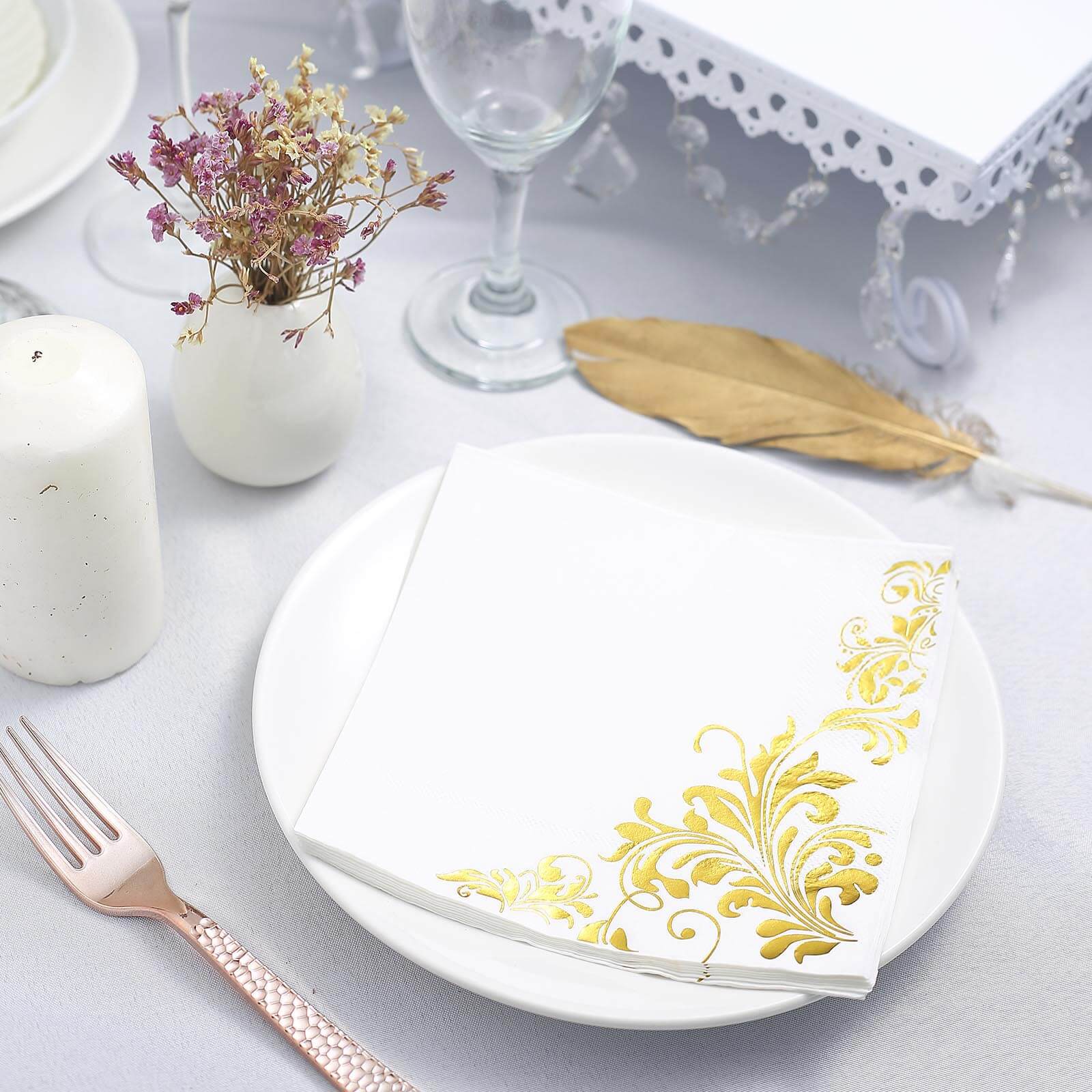 20 - Pack Paper Dinner Napkins with Floral Design Metallic Gold - Disposable 3 Ply Cocktail Napkins for Weddings - Linen Luxes