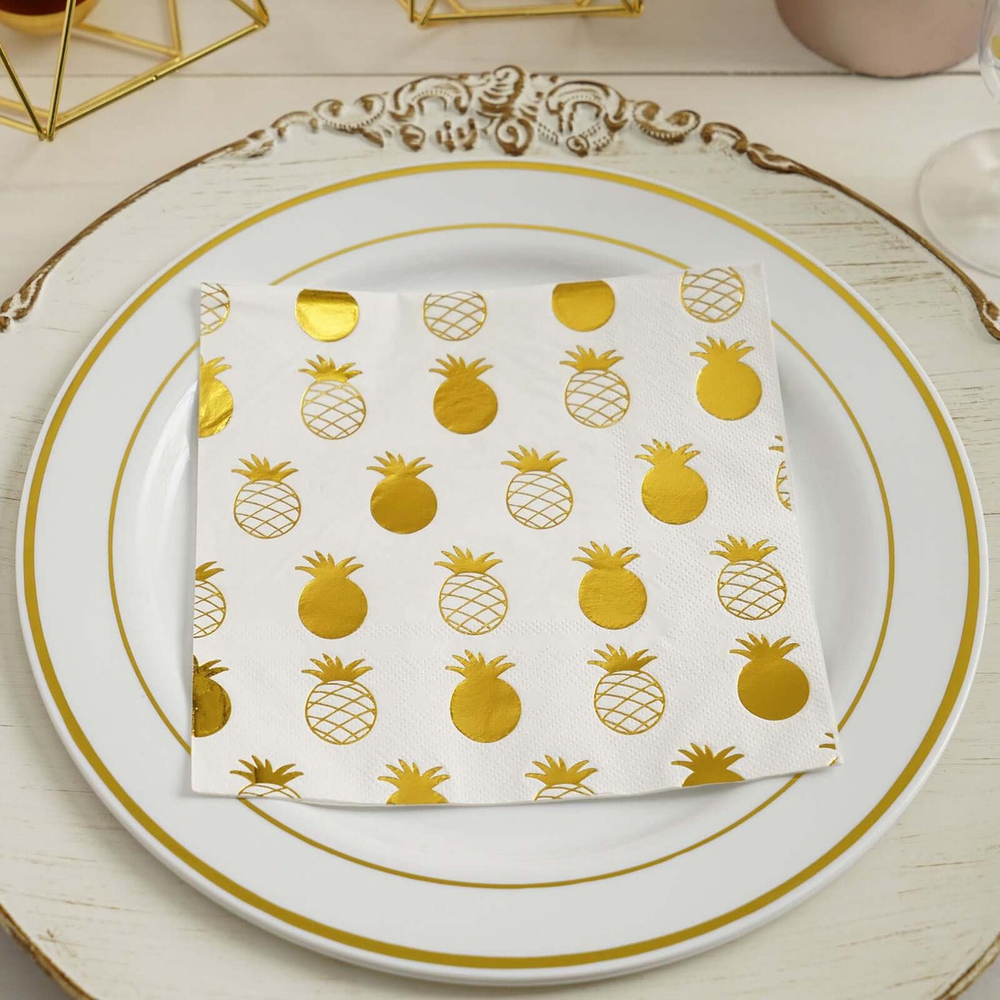 20 - Pack Paper Dinner Napkins with Pineapple Design Metallic Gold - Disposable 3 Ply Cocktail Napkins for Parties - Linen Luxes