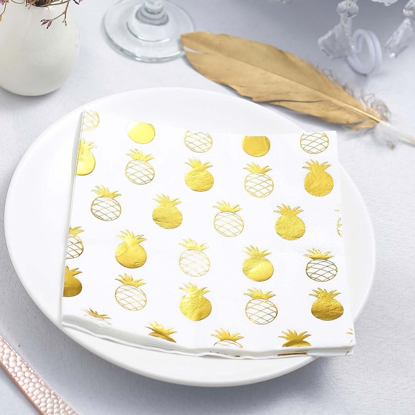 20 - Pack Paper Dinner Napkins with Pineapple Design Metallic Gold - Disposable 3 Ply Cocktail Napkins for Parties - Linen Luxes