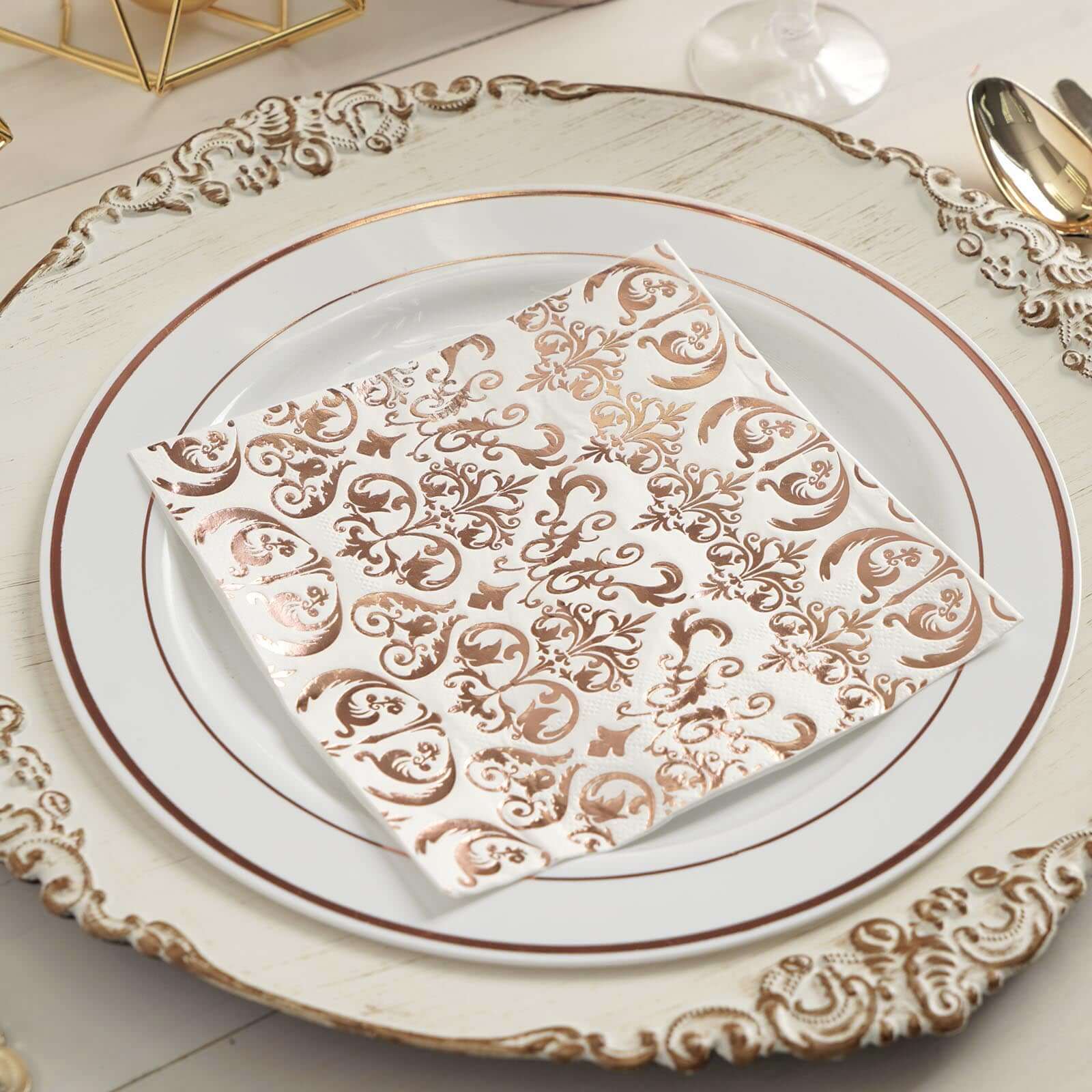 20 - Pack Paper Dinner Napkins with Vintage Print Metallic Rose Gold - Disposable 3 Ply Cocktail Napkins for Weddings - Linen Luxes