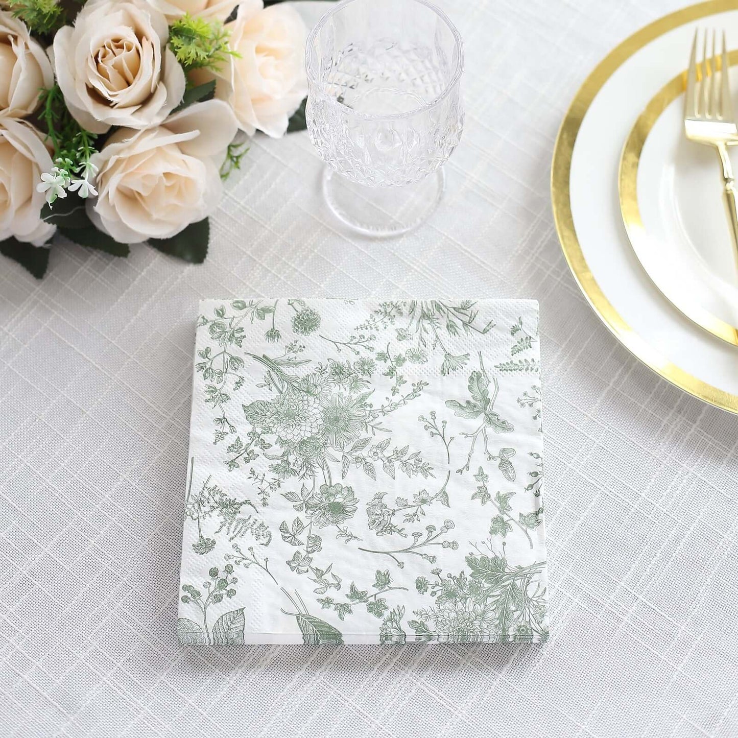 20-Pack Paper Cocktail Napkins with French Toile Print White/Sage Green - Disposable 2 Ply Beverage Napkins for Events 6.5"x6.5"