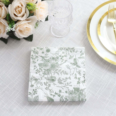 20-Pack Paper Cocktail Napkins with French Toile Print White/Sage Green - Disposable 2 Ply Beverage Napkins for Events 6.5"x6.5"