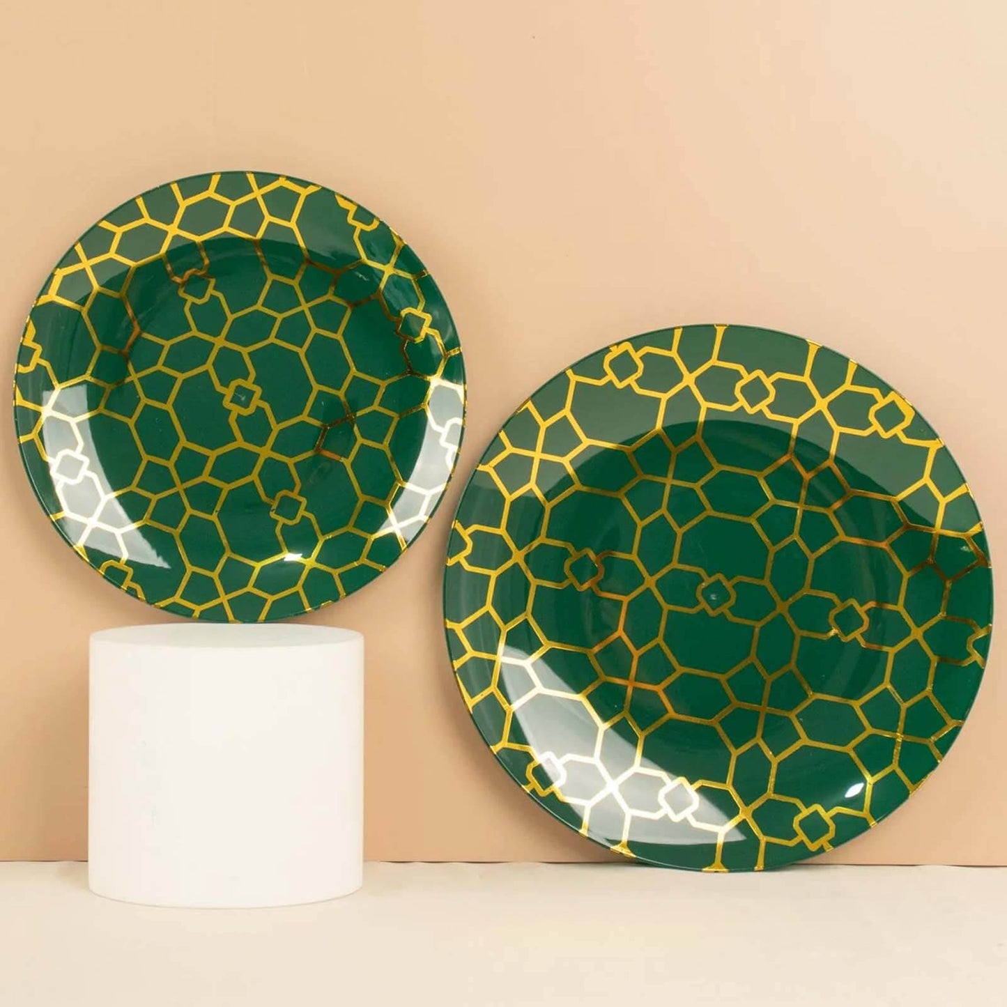 20-Pack Set Plastic Round Dinner and Salad Plates in Hunter Emerald Green with Geometric Gold Print - Modern Disposable Dinnerware Set for Weddings & Celebrations 9", 7"
