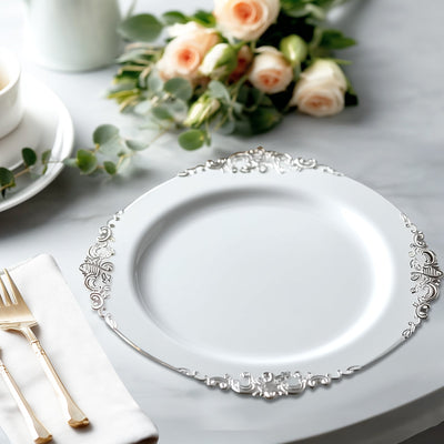 20-Pack Economy Plastic Round Charger Plates 13" in White with Silver Embossed Baroque Rim, Stylish Dinner Party Serving Plates