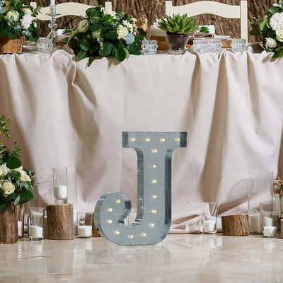 20" Vintage Galvanized Metal Marquee Letter Light Cordless With 16 Warm White LED - J - Linen Luxes