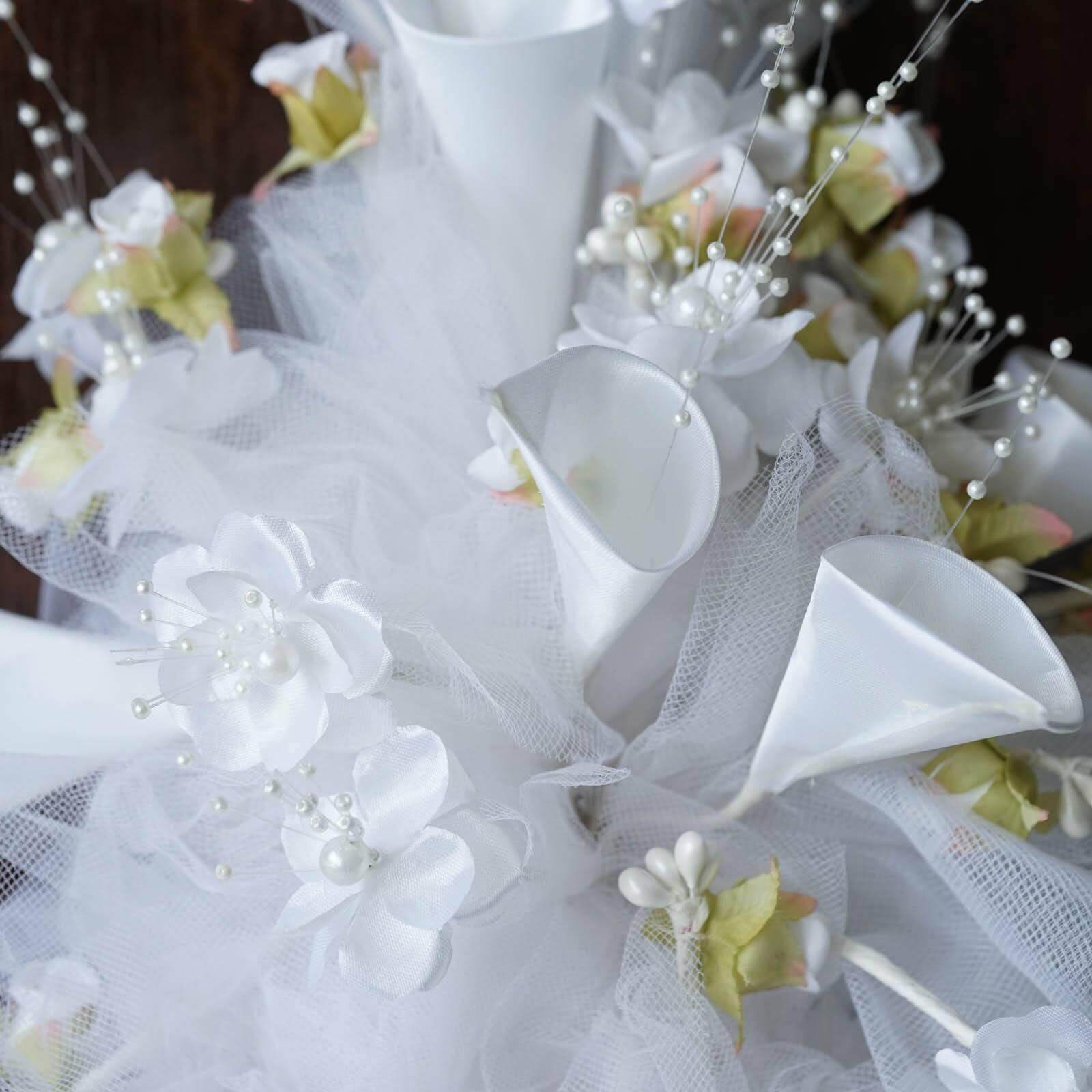 20" White Artificial Lily and Tulip Wedding Bridal Bouquet Flowers - Linen Luxes