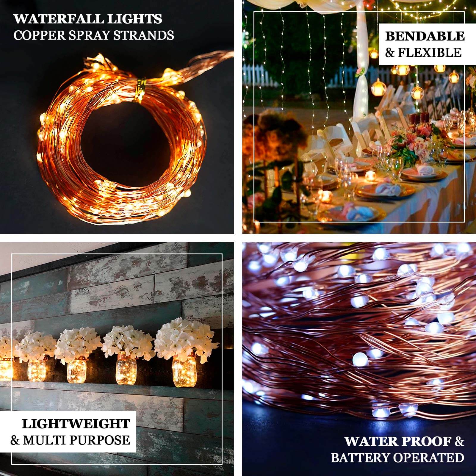 200 LED Fairy Waterfall String Lights Warm White Waterproof Copper Strands - Battery Operated DÃ©cor 8ft - Linen Luxes
