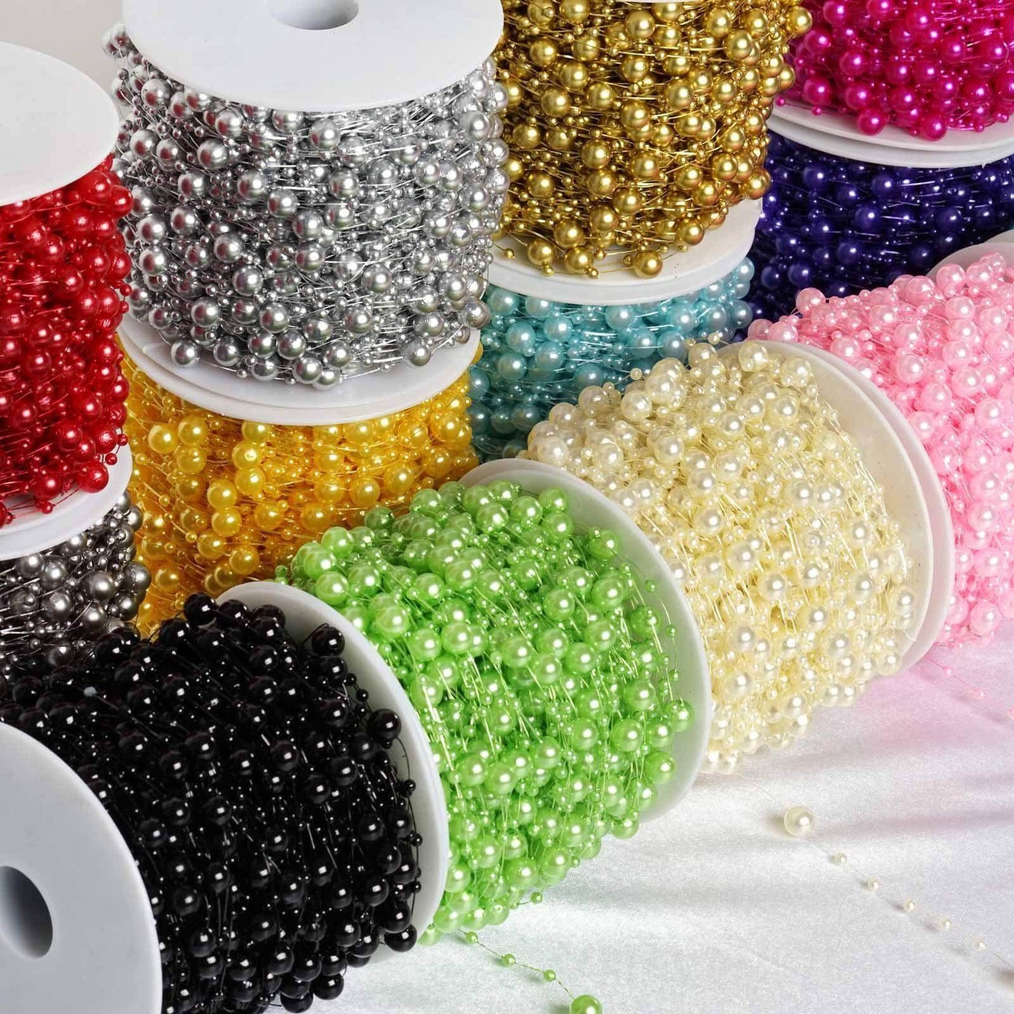 20.5 Yards 9mm 3mm Glossy Tea Green Faux Craft Pearl String Beads - Linen Luxes